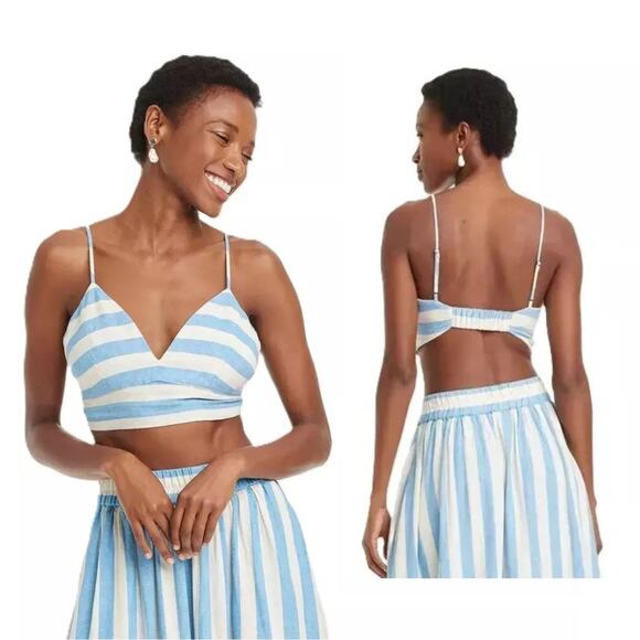 A New Day Womens Beach Bungalow Linen Bralette Tank Top Blue White Striped Small - Picture 1 of 6